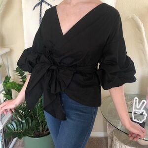 Puff Sleeve Black Wrap Top